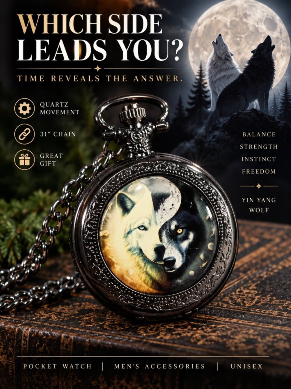 Yin Yang Wolf Pocket Watch Gunmetal Quartz 31" Chain Mens Gothic Steampunk Gift